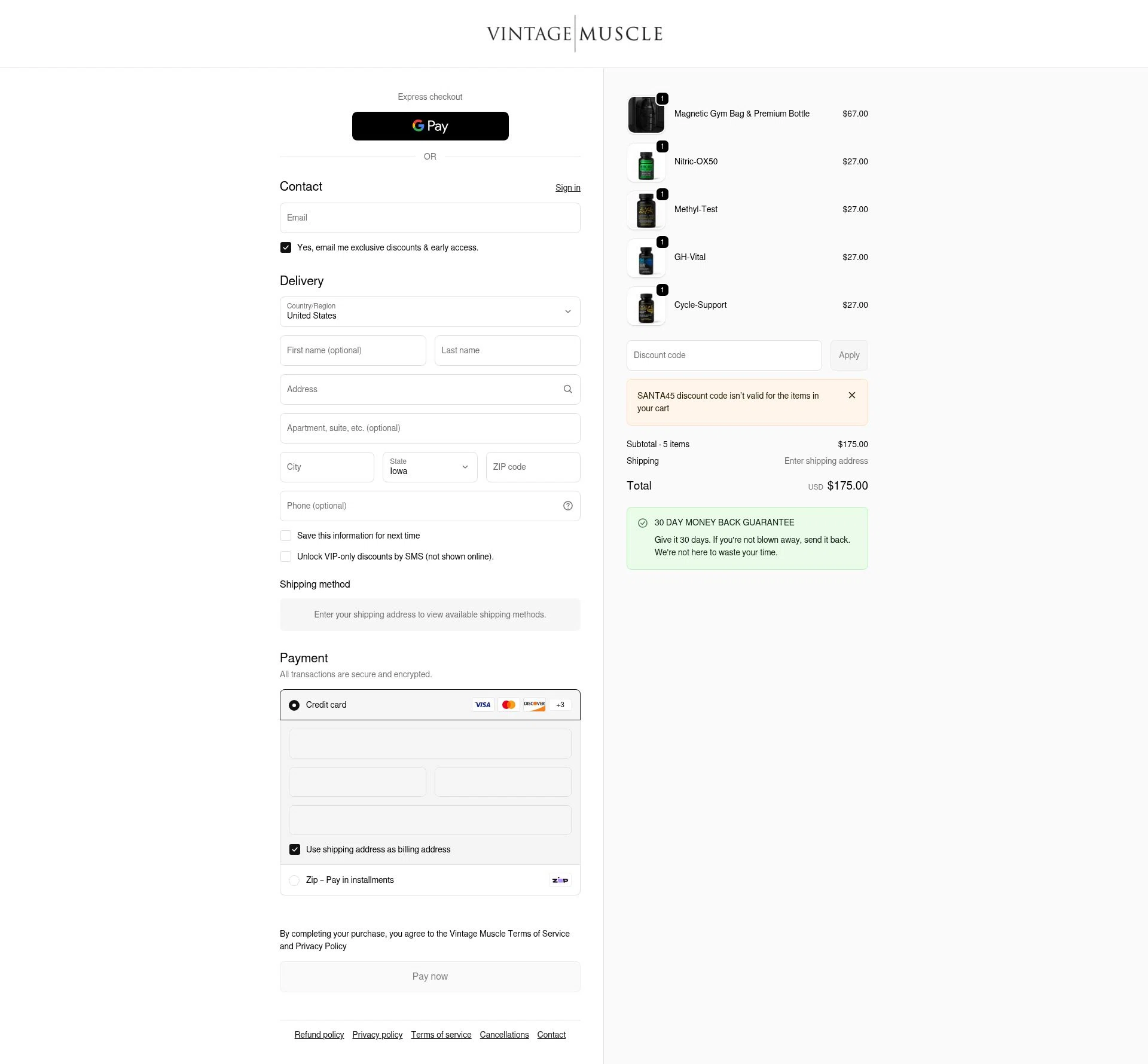 Vintage Muscle checkout page showing Vintage Muscle discount code box | Screenshot taken by SimplyCodes community member on Feb 11, 2026
