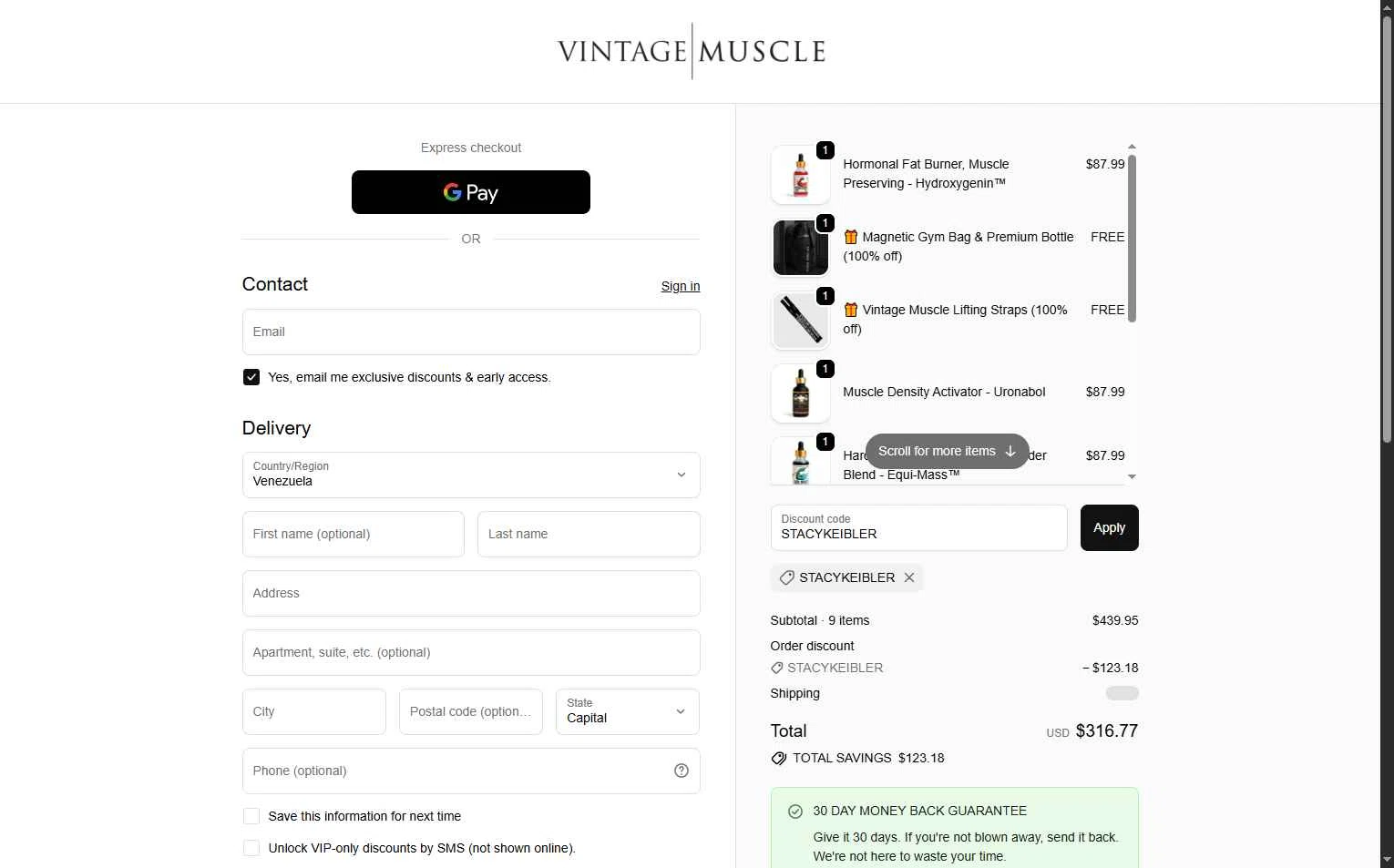 Vintage Muscle checkout page showing Vintage Muscle discount code box | Screenshot taken by SimplyCodes community member on Feb 11, 2026