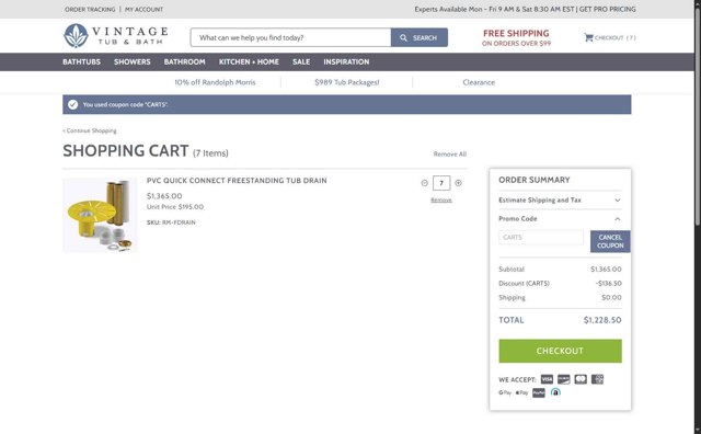 Vintage Tub & Bath checkout page showing Vintage Tub & Bath promo code box | Screenshot taken by SimplyCodes community member on Jul 7, 2025