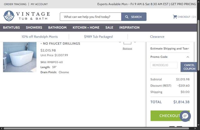 Vintage Tub & Bath checkout page showing Vintage Tub & Bath promo code box | Screenshot taken by SimplyCodes community member on Jul 26, 2025