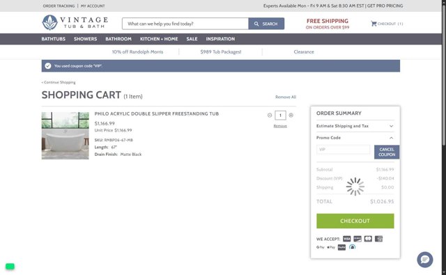 Vintage Tub & Bath checkout page showing Vintage Tub & Bath promo code box | Screenshot taken by SimplyCodes community member on Jul 14, 2025