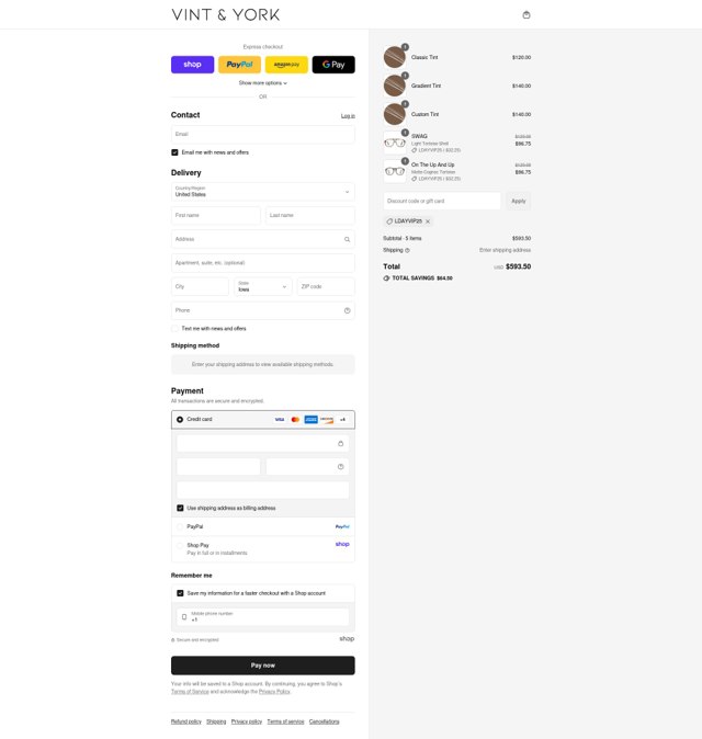 Vint & York checkout page showing Vint & York discount code box | Screenshot taken by SimplyCodes community member on Sep 2, 2025