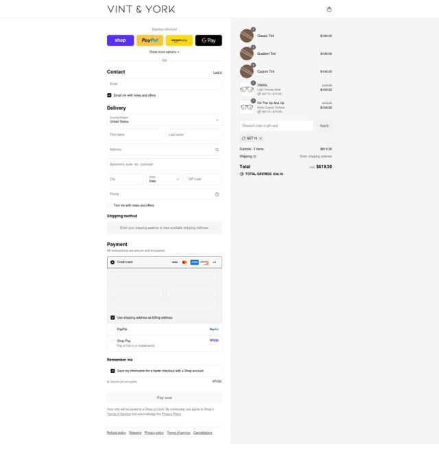 Vint & York checkout page showing Vint & York discount code box | Screenshot taken by SimplyCodes community member on Sep 2, 2025