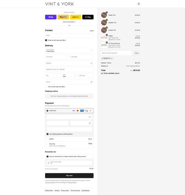 Vint & York checkout page showing Vint & York discount code box | Screenshot taken by SimplyCodes community member on Aug 28, 2025