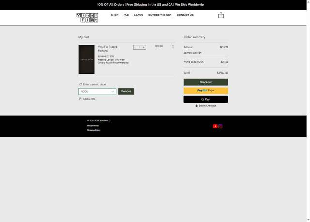 Vinyl Flat checkout page showing Vinyl Flat promo code box | Screenshot taken by SimplyCodes community member on May 24, 2025