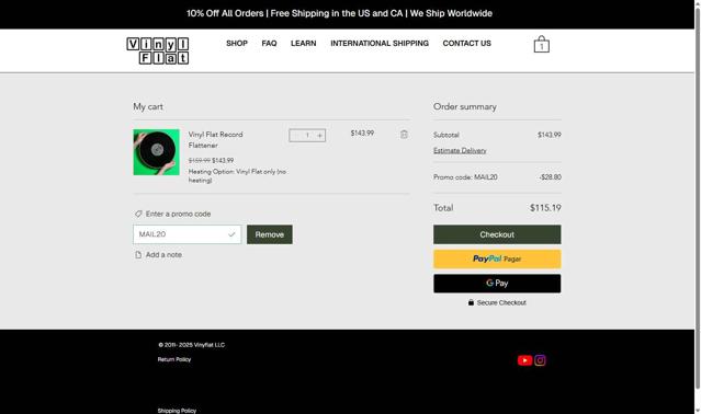 Vinyl Flat checkout page showing Vinyl Flat promo code box | Screenshot taken by SimplyCodes community member on Sep 9, 2025