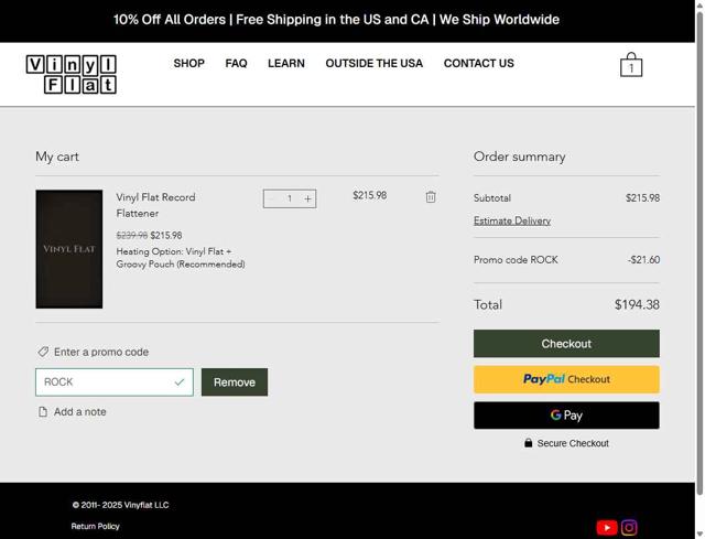 Vinyl Flat checkout page showing Vinyl Flat promo code box | Screenshot taken by SimplyCodes community member on Jun 6, 2025