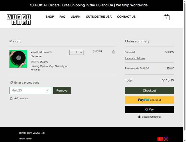Vinyl Flat checkout page showing Vinyl Flat promo code box | Screenshot taken by SimplyCodes community member on Jun 6, 2025