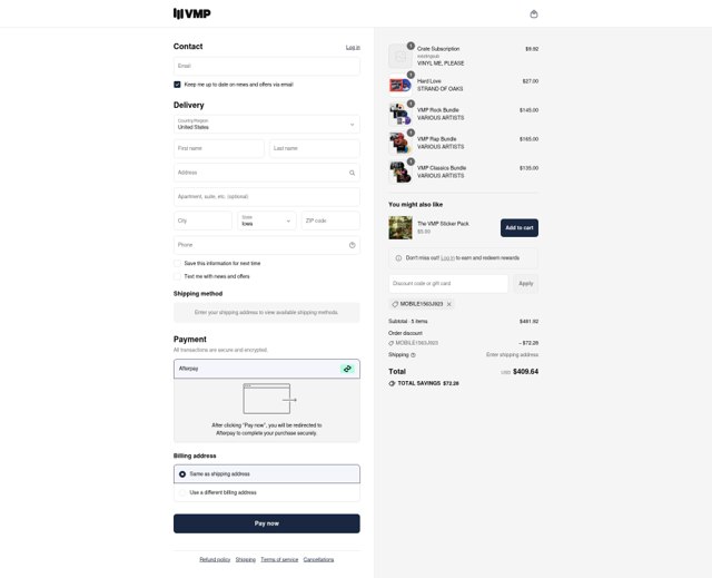 Vinyl Me Please checkout page showing Vinyl Me Please promo code box | Screenshot taken by SimplyCodes community member on Aug 17, 2025