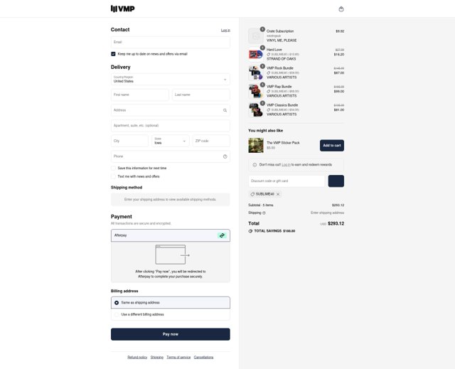 Vinyl Me Please checkout page showing Vinyl Me Please promo code box | Screenshot taken by SimplyCodes community member on Aug 13, 2025