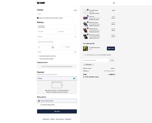 Vinyl Me Please checkout page showing Vinyl Me Please promo code box | Screenshot taken by SimplyCodes community member on Aug 17, 2025