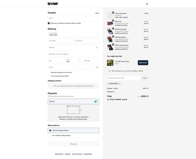 Vinyl Me Please checkout page showing Vinyl Me Please promo code box | Screenshot taken by SimplyCodes community member on Aug 17, 2025