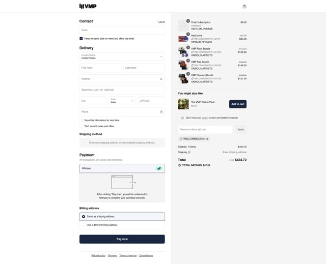 Vinyl Me Please checkout page showing Vinyl Me Please promo code box | Screenshot taken by SimplyCodes community member on Aug 17, 2025