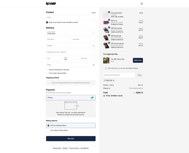 Vinyl Me Please checkout page showing Vinyl Me Please promo code box | Screenshot taken by SimplyCodes community member on Aug 17, 2025