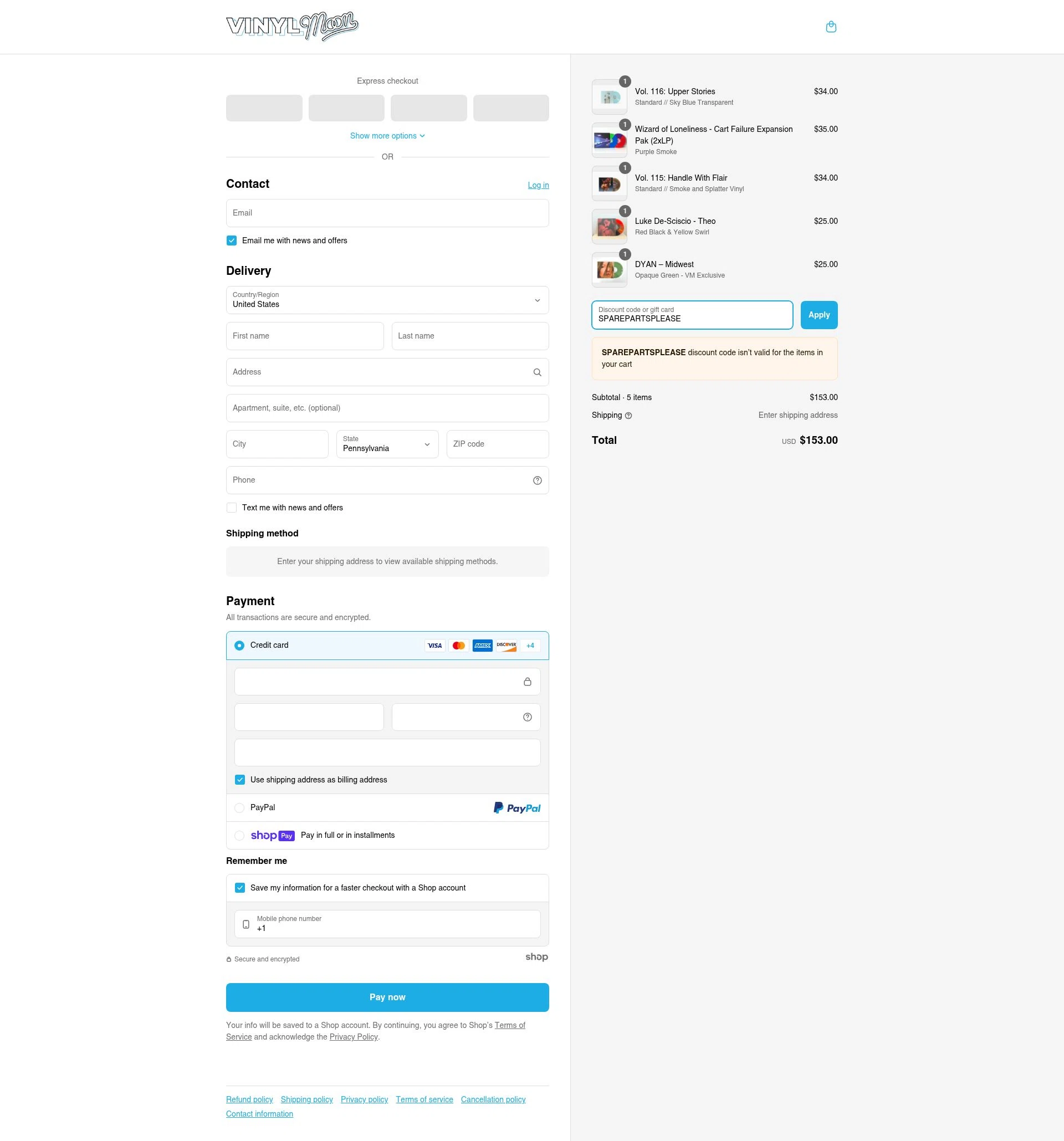 Vinyl Moon checkout page showing Vinyl Moon discount code box | Screenshot taken by SimplyCodes community member on Jun 21, 2025