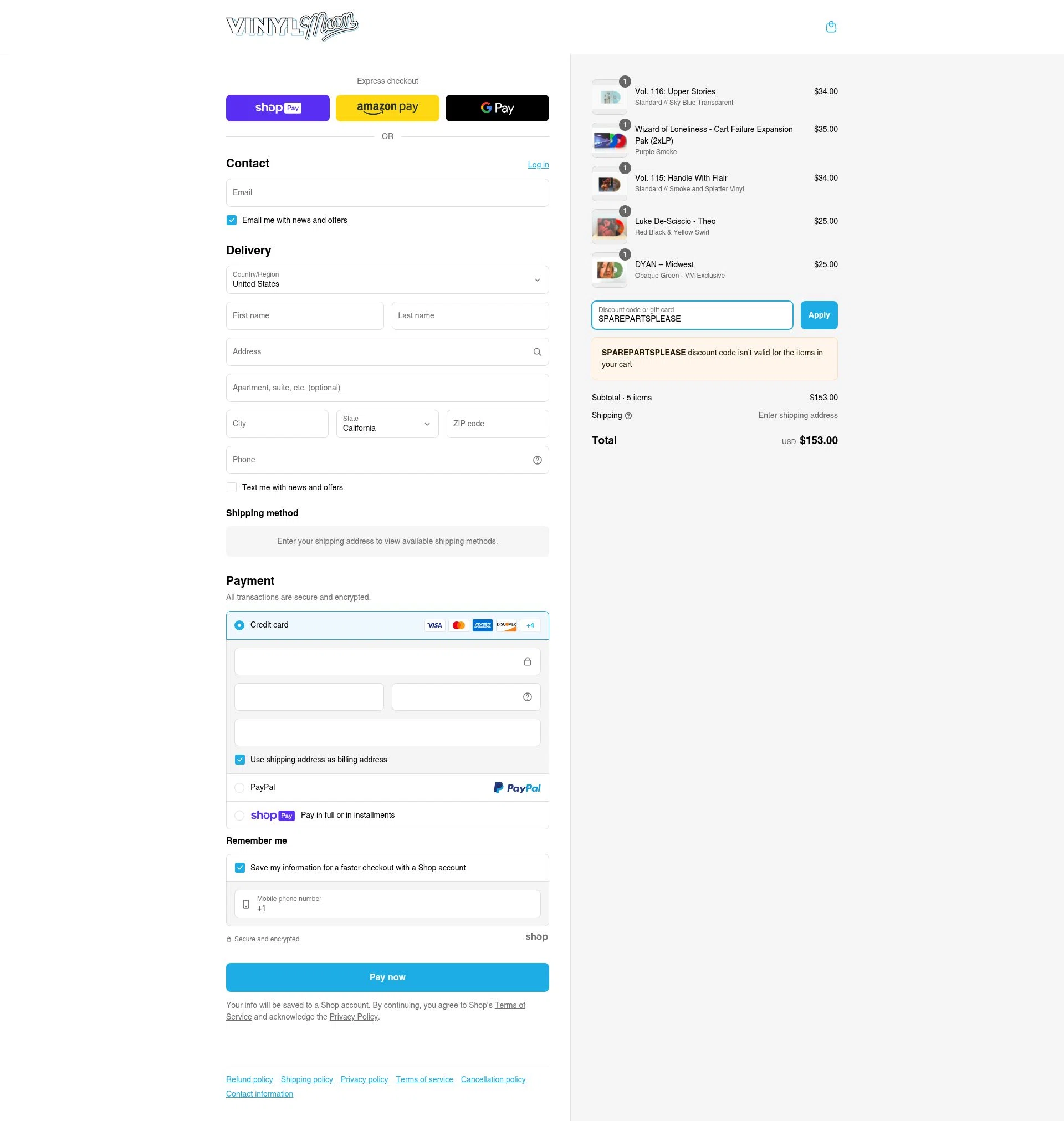 Vinyl Moon checkout page showing Vinyl Moon discount code box | Screenshot taken by SimplyCodes community member on Jun 15, 2025