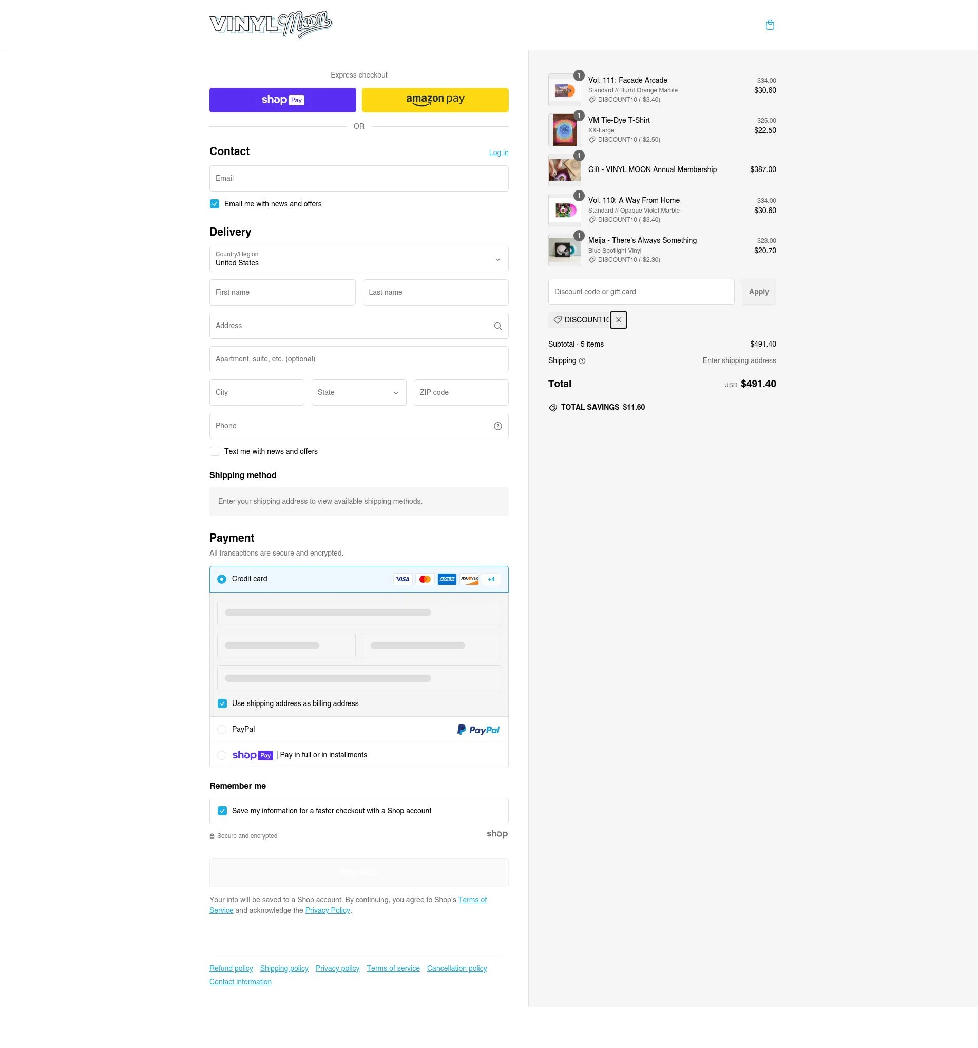 Vinyl Moon checkout page showing Vinyl Moon discount code box | Screenshot taken by SimplyCodes community member on Feb 13, 2025