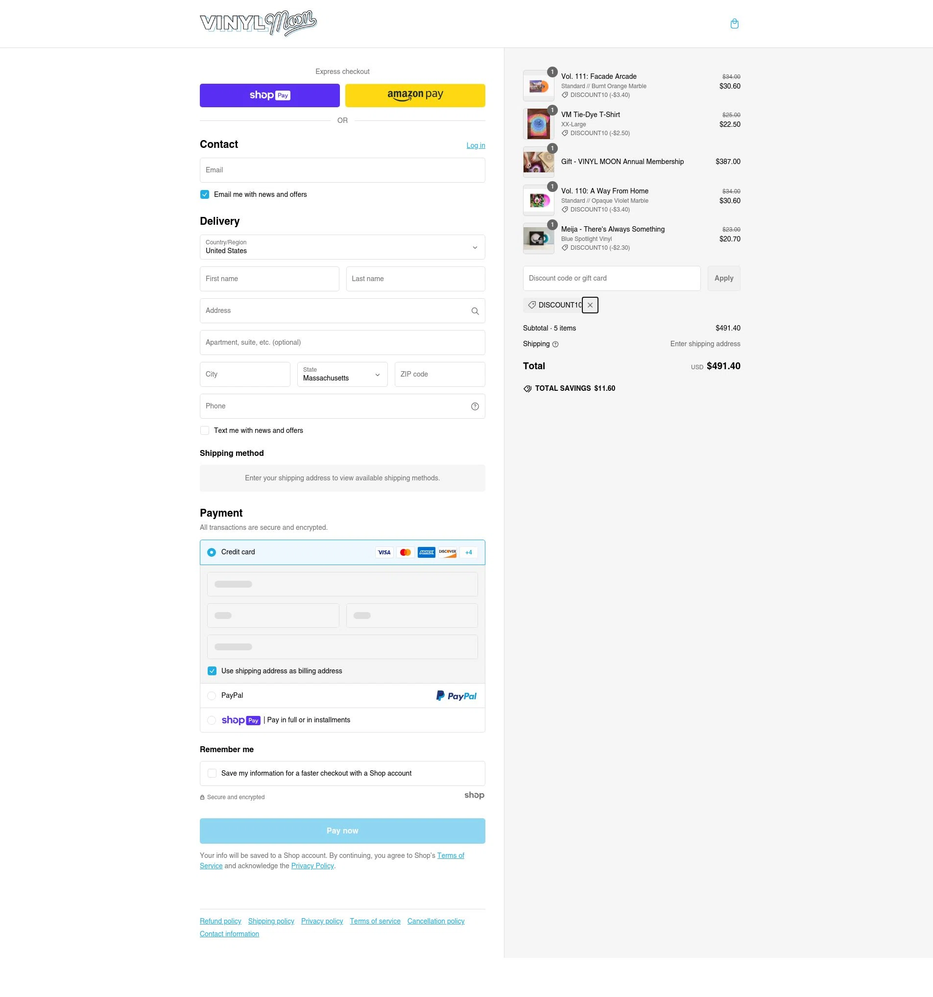 Vinyl Moon checkout page showing Vinyl Moon discount code box | Screenshot taken by SimplyCodes community member on Feb 25, 2025