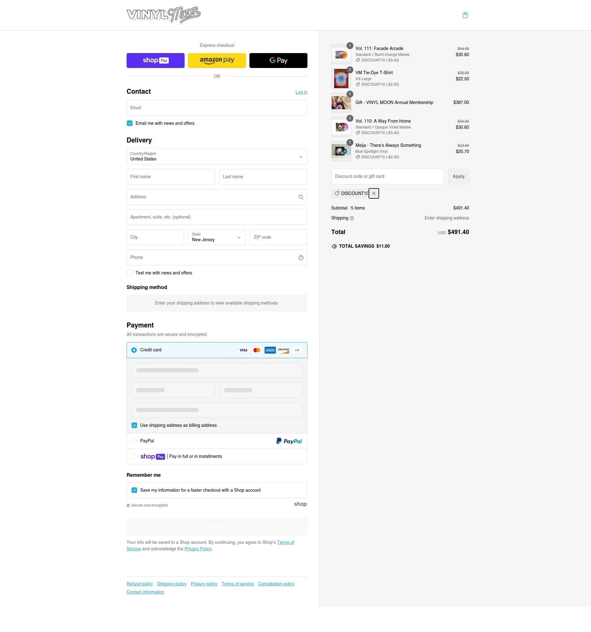 Vinyl Moon checkout page showing Vinyl Moon discount code box | Screenshot taken by SimplyCodes community member on Feb 23, 2025