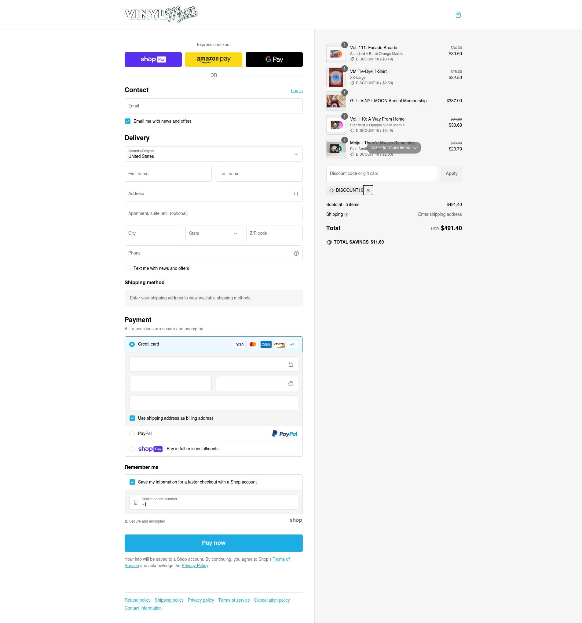 Vinyl Moon checkout page showing Vinyl Moon discount code box | Screenshot taken by SimplyCodes community member on Feb 17, 2025