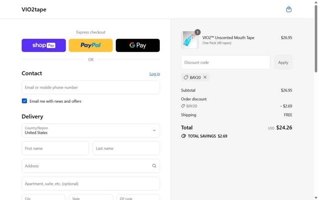 VIO2tape checkout page showing VIO2tape promo code box | Screenshot taken by SimplyCodes community member on Aug 19, 2025