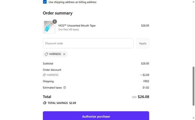 VIO2tape checkout page showing VIO2tape promo code box | Screenshot taken by SimplyCodes community member on Sep 3, 2025