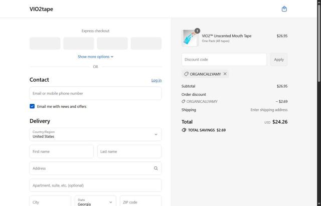 VIO2tape checkout page showing VIO2tape promo code box | Screenshot taken by SimplyCodes community member on Aug 19, 2025