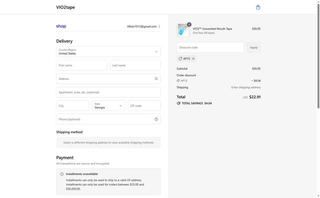 VIO2tape checkout page showing VIO2tape promo code box | Screenshot taken by SimplyCodes community member on Sep 1, 2025
