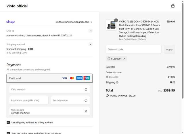 Viofo checkout page showing Viofo promo code box | Screenshot taken by SimplyCodes community member on Sep 12, 2025