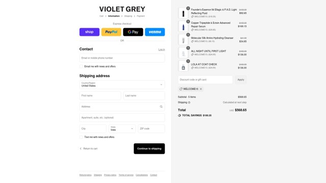 Violet Grey checkout page showing Violet Grey promo code box | Screenshot taken by SimplyCodes community member on Sep 2, 2025
