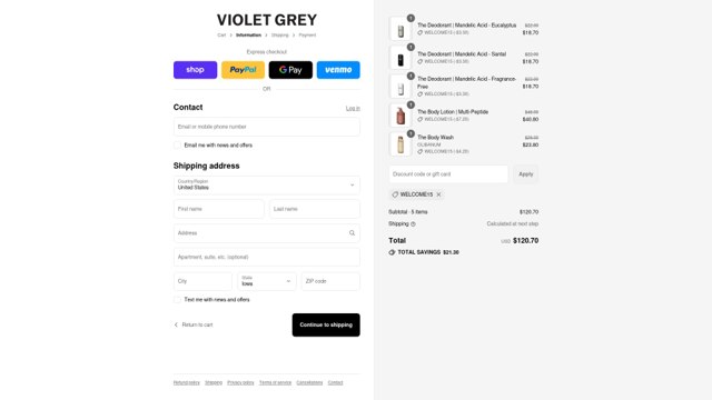 Violet Grey checkout page showing Violet Grey promo code box | Screenshot taken by SimplyCodes community member on Aug 29, 2025
