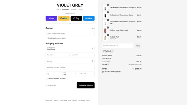 Violet Grey checkout page showing Violet Grey promo code box | Screenshot taken by SimplyCodes community member on Aug 29, 2025