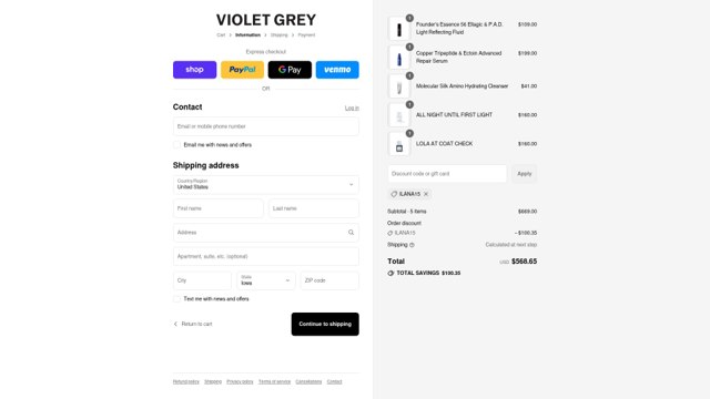 Violet Grey checkout page showing Violet Grey promo code box | Screenshot taken by SimplyCodes community member on Sep 2, 2025