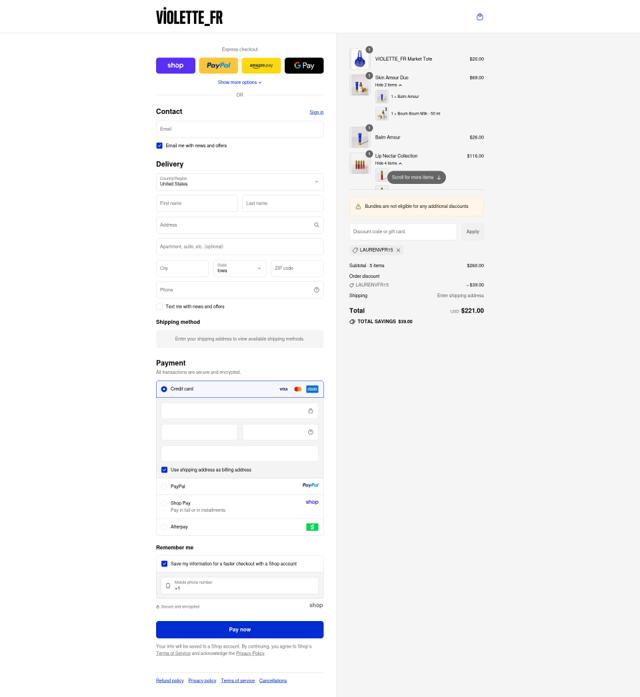 Violette_FR checkout page showing Violette_FR promo code box | Screenshot taken by SimplyCodes community member on Sep 15, 2025