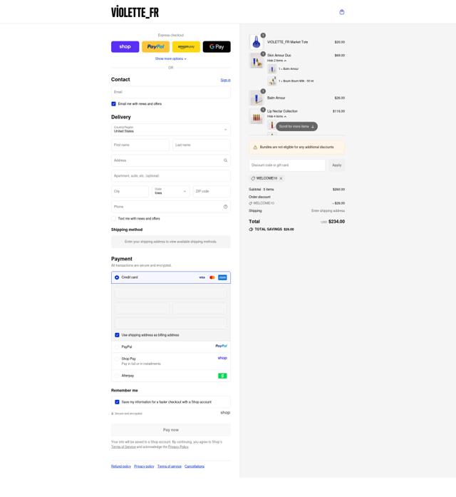 Violette_FR checkout page showing Violette_FR promo code box | Screenshot taken by SimplyCodes community member on Sep 16, 2025