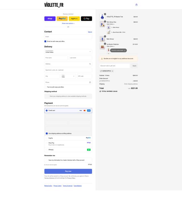 Violette_FR checkout page showing Violette_FR promo code box | Screenshot taken by SimplyCodes community member on Sep 16, 2025