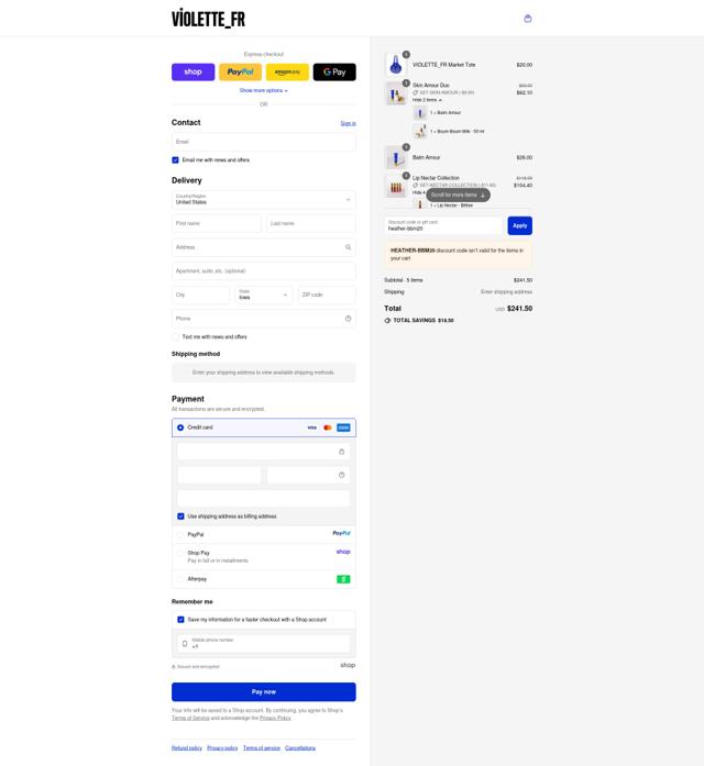 Violette_FR checkout page showing Violette_FR promo code box | Screenshot taken by SimplyCodes community member on Sep 16, 2025
