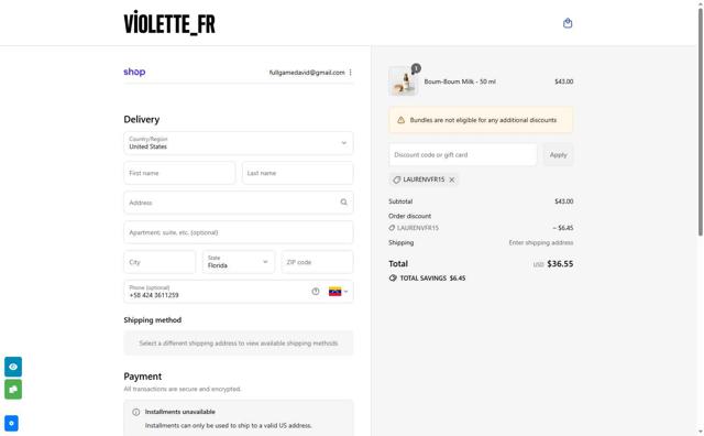 Violette_FR checkout page showing Violette_FR promo code box | Screenshot taken by SimplyCodes community member on Sep 15, 2025