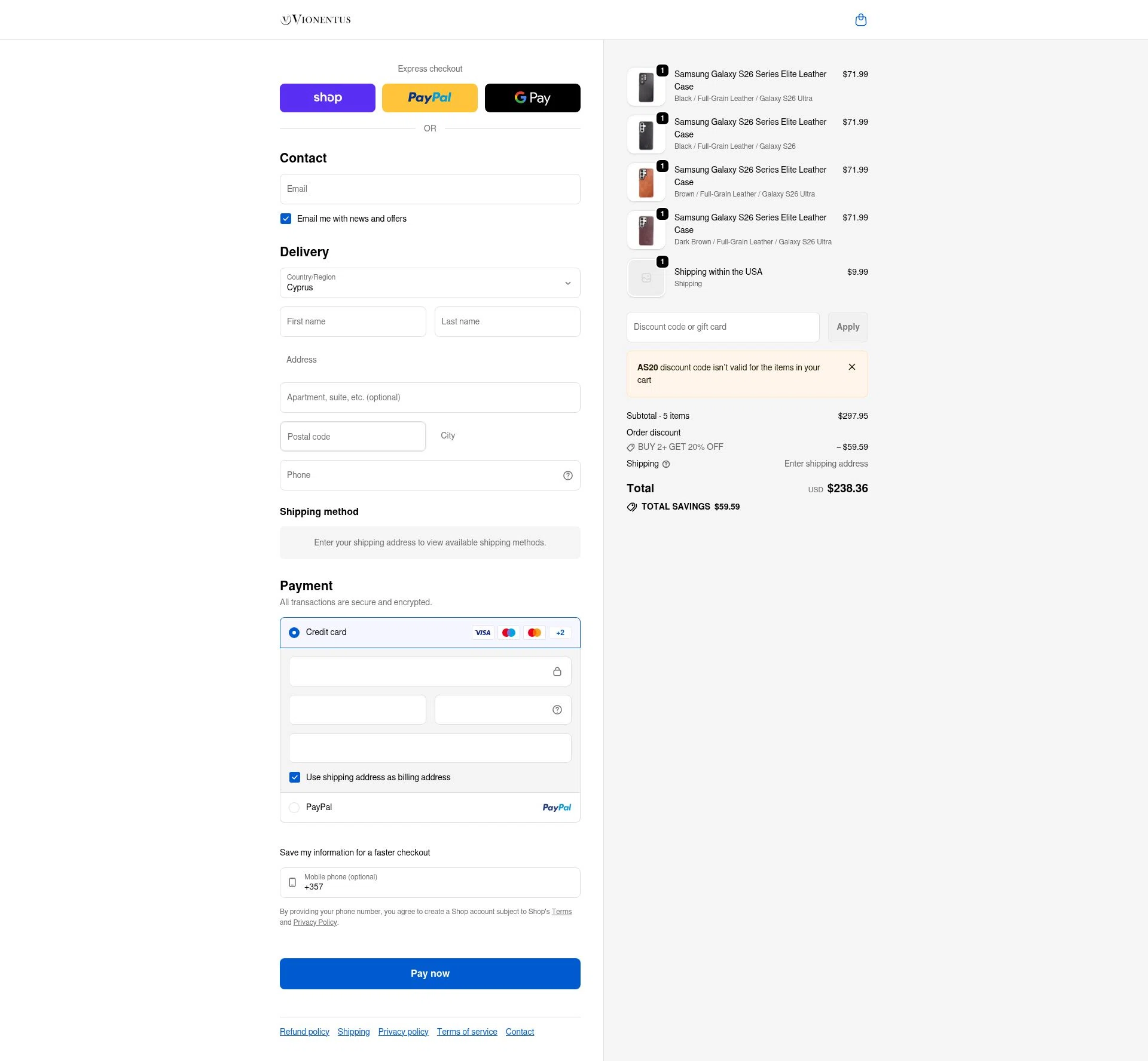 Vionentus checkout page showing Vionentus promo code box | Screenshot taken by SimplyCodes community member on Feb 23, 2026