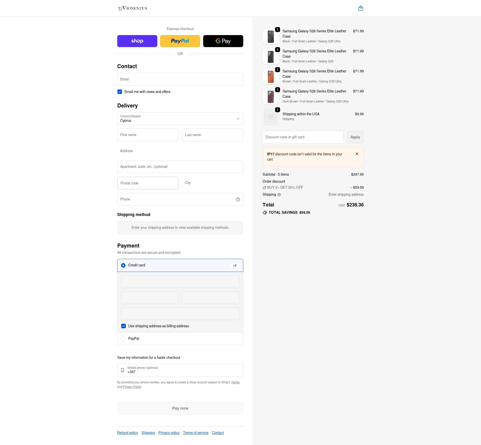 Vionentus checkout page showing Vionentus promo code box | Screenshot taken by SimplyCodes community member on Feb 23, 2026