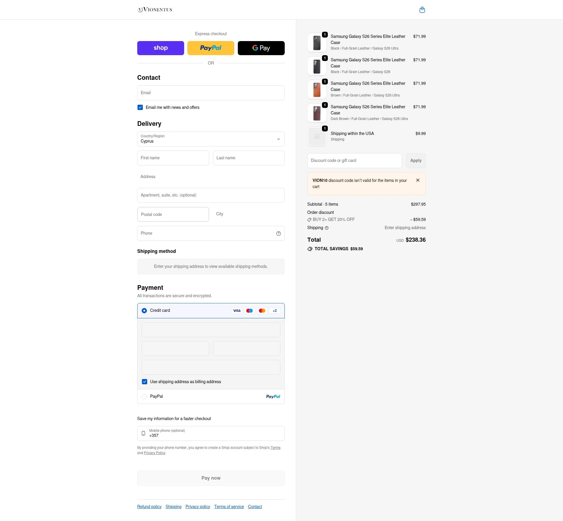 Vionentus checkout page showing Vionentus promo code box | Screenshot taken by SimplyCodes community member on Feb 23, 2026