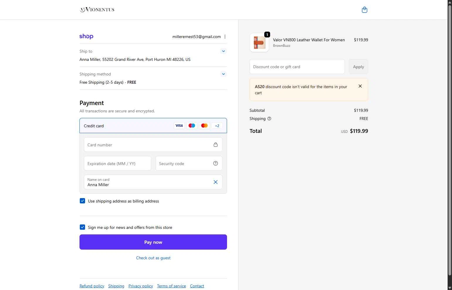 Vionentus checkout page showing Vionentus promo code box | Screenshot taken by SimplyCodes community member on Feb 25, 2026