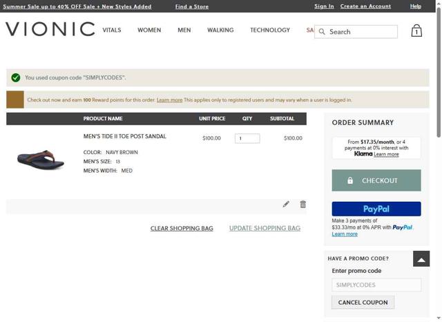 Vionic Shoes checkout page showing Vionic Shoes coupon code box | Screenshot taken by SimplyCodes community member on Jul 11, 2025