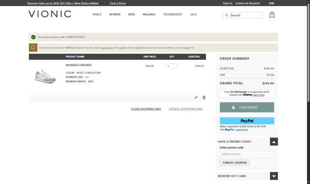 Vionic Shoes checkout page showing Vionic Shoes coupon code box | Screenshot taken by SimplyCodes community member on Jul 11, 2025