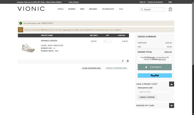 Vionic Shoes checkout page showing Vionic Shoes coupon code box | Screenshot taken by SimplyCodes community member on Jul 11, 2025