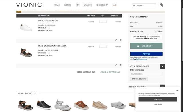 Vionic Shoes checkout page showing Vionic Shoes coupon code box | Screenshot taken by SimplyCodes community member on Jul 11, 2025