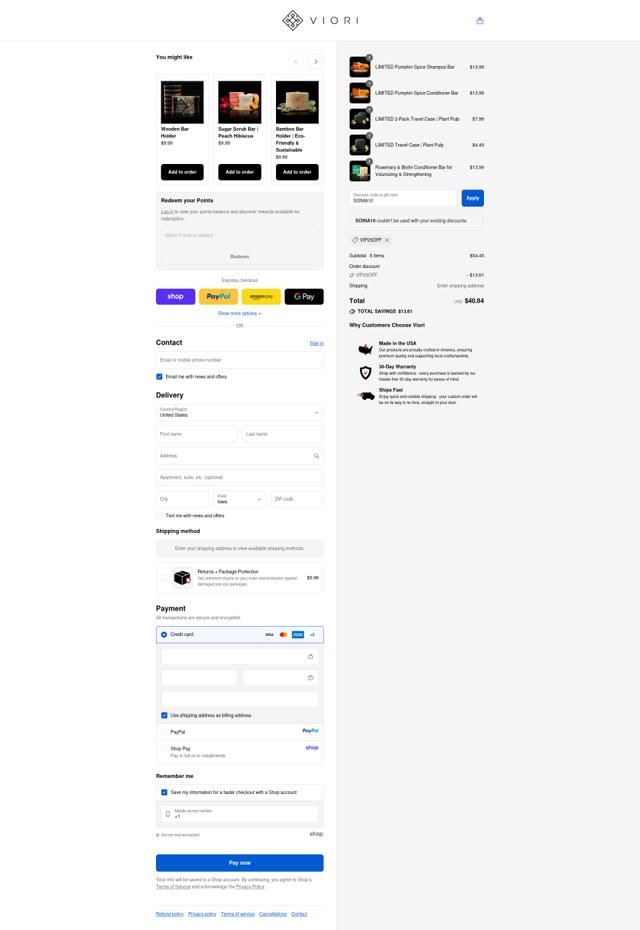 Viori checkout page showing Viori coupon code box | Screenshot taken by SimplyCodes community member on Sep 9, 2025