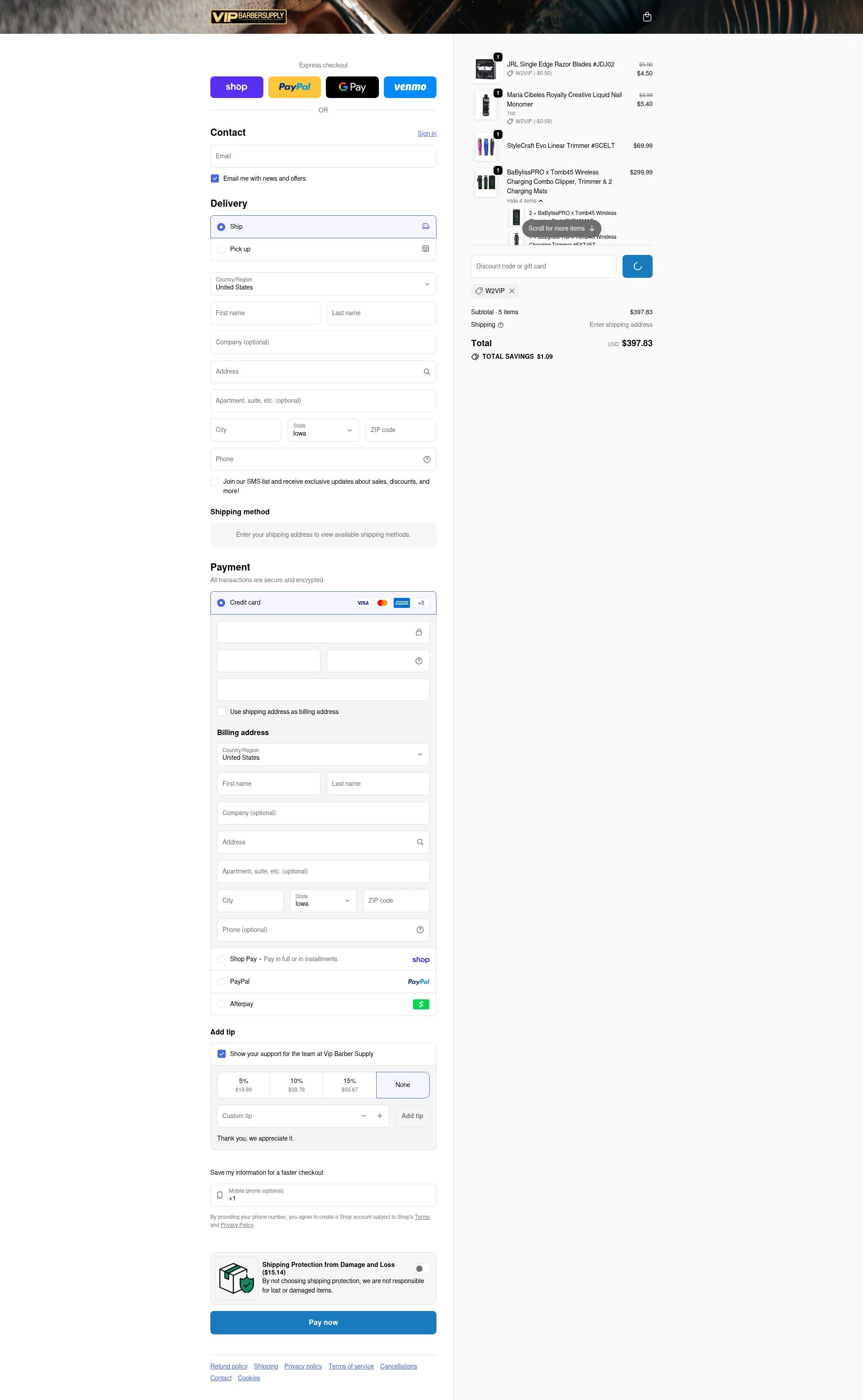 VIP Barber Supply checkout page showing VIP Barber Supply discount code box | Screenshot taken by SimplyCodes community member on Feb 13, 2026