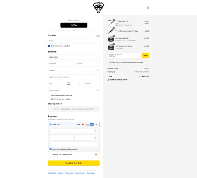 Viper Tec checkout page showing Viper Tec discount code box | Screenshot taken by SimplyCodes community member on Sep 5, 2025