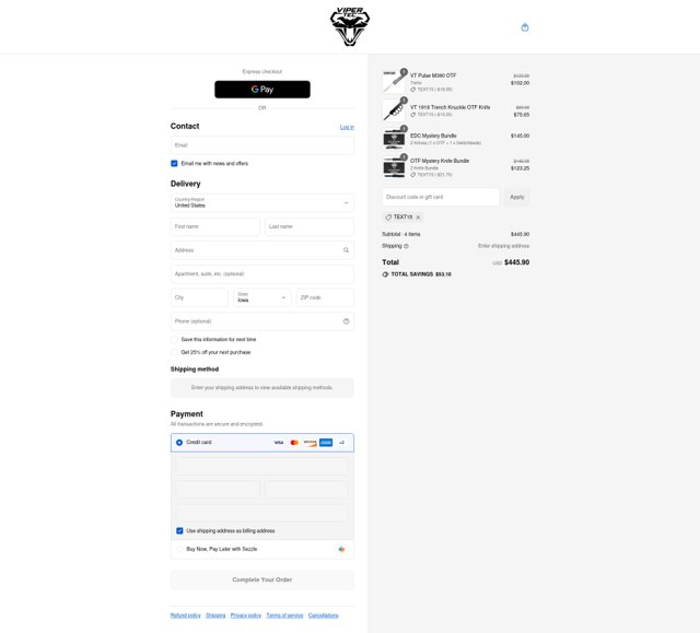 Viper Tec checkout page showing Viper Tec discount code box | Screenshot taken by SimplyCodes community member on Sep 5, 2025